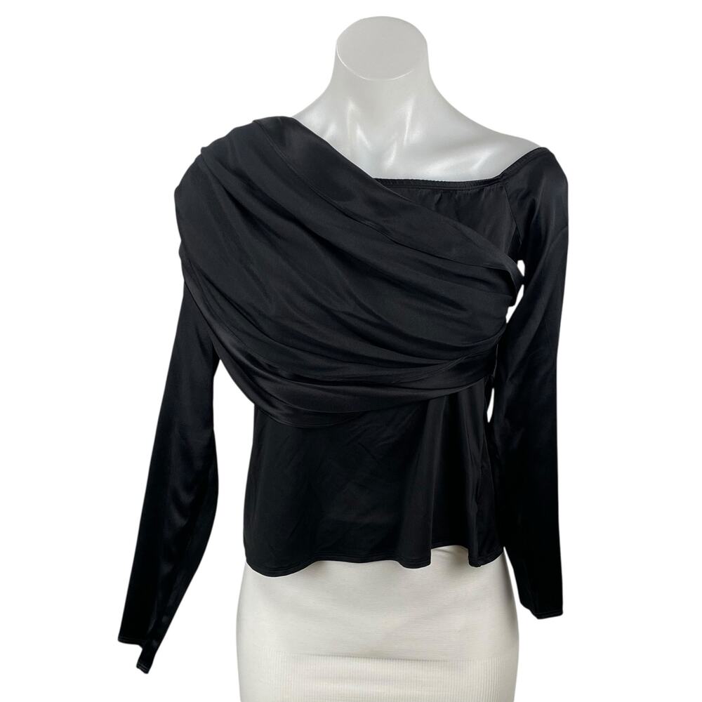 NEW L'Agence Women's Black Silk Satin Draped Long Sleeve Blouse Top Size L
